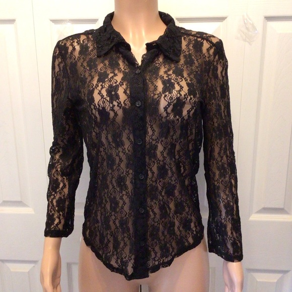 Teenbell Juniors Black Lace Semi Sheer Roll Tab Sleeve Button Up Top Size Large - Picture 3 of 5